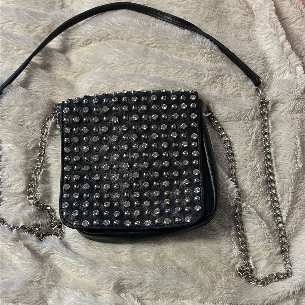 Studded Black Crossbody Bag with Silver Chain